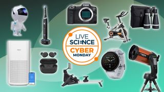 fitness equipment and optics on a green background with a cyber monday logo