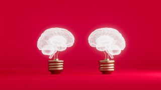 Two digitized human brains placed on top of lightbulb fuses facing each other against a red background.