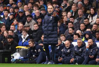 Enzo Maresca, Manager of Chelsea, reacts during the Premier League match between Chelsea FC and Aston Villa FC at Stamford Bridge on December 01, 2024 in London, England.