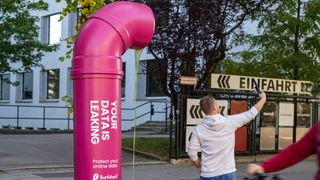 Surfshark&#039;s pink pipe installation outside the Big Tech giants&#039; new office in Munich during its grand opening on Friday, October 13.