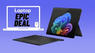 Black Microsoft Surface Pro 11 with keyboard against blue gradient background