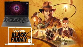 Lenovo LOQ gaming laptop against Indiana Jones and the Great Circle game cover art background