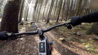 POV riding shot of the Whyte E-Lyte 140 Works, one of the best electric mountain bikes