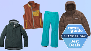 an image showing Patagonia pants, patagonia vest, the north face coat, and a fjallraven coat, with a Tom&#039;s Guide deals tag