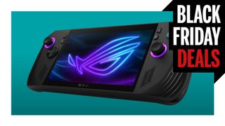 The Asus ROG Ally X gaming handheld on a teal background with the &quot;Black Friday Deals&quot; text in the top right