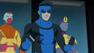 Mark Grayson (Steven Yeun) as Invincible in his blue suit during a scene from &quot;Invincible&quot; season 3 on Prime Video.