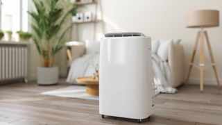 Close-up View Of Portable Air Conditioner With Blurred Living Room Background