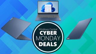 Renders of the Lenovo IdeaPad Slim 3i 15 (Gen 9) in &quot;Abyss Blue&quot; on a blue background with the &quot;Windows Central Cyber Monday Deals&quot; badge in the center.