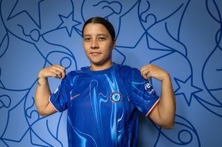 Sam Kerr of Chelsea poses for a portrait during the Chelsea FC Portraits Session at Chelsea Training Ground on September 17, 2024 in Cobham, England.