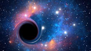 An artist&#039;s interpretation of a black hole surrounded by stars