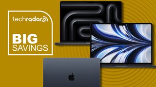 MacBook Pro and Air models stacked atop each other, all against a yellow TechRadar deals background