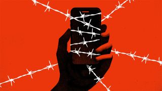 Cartoon image of person holding phone, covered in barbed wire