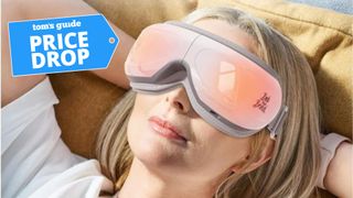 A blonde woman wearing the Bob and Brad EyeOasis 2 Eye Massager laying on her back with arms behind her head.