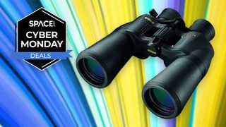 Nikon Aculon binoculars on a blue and yellow background with the space.com cyber monday deals logo in the top left corner