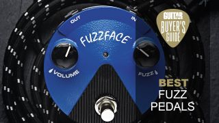 Blue Jim Dunlop Mini Germanium Fuzz Face pedal on a coiled black and white guitar cable