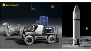 illustration of two moon rovers and a large white spacecraft on the lunar surface