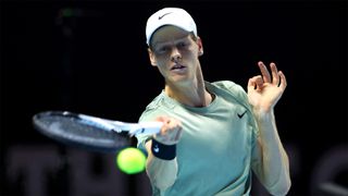 Italy&#039;s Jannik Sinner hits a forehand during the men&#039;s singles final at the 2024 Six Kings Slam in Riyadh, Saudi Arabia.