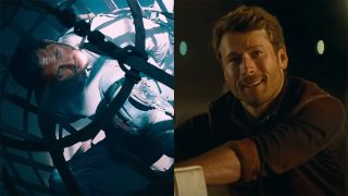 Tom Hardy in a cage in Mad Max: Fury Road and Glen Powell in Twisters.