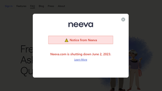 Screen alert on Neeva&#039;s website reading &#039;Neeva.com is shutting down June 2, 2023