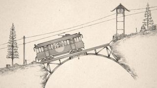 Screenshot of a Short Trip, showing a sketch of a tram riding up a bridge.