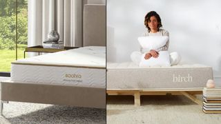 The image shows the Saatva Memory Foam Hybrid mattress on the left and the Burch Natural Mattress on the right in a side by side comparison 