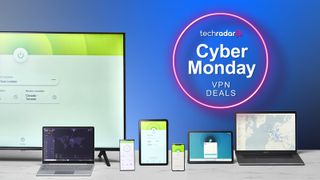 Cyber Monday VPN deals next to various devices running VPN apps.