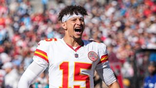 Patrick Mahomes #15 of the Kansas City Chiefs reacts prior to the Chiefs vs Raiders game on Nov. 29, 2024