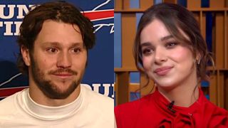 Josh Allen speaks at a Buffalo Bills press conference, and Hailee Steinfeld is shown on Good Morning America.