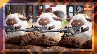 Sheep-like creatures holding mounted machine guns in Palworld