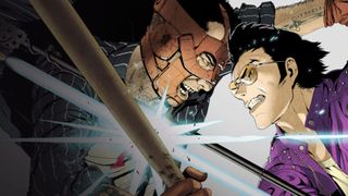 Travis Touchdown and Bad Man clash in the key art to No More Heroes: Travis Strikes Back