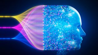 Abstract technology image of AI robot installing binary data from node stream of dynamic array.