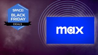 The &quot;Max&quot; logo, which is the word written in white on a blue background, on a purple starry background with the space.com logo in the top left corner