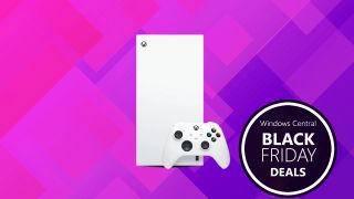 A white Xbox Series X on a purple background with a black Windows Central Black Friday deals badge to its side.