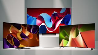 The LG B4, C4 and G4 OLED TVs displaying abstract colors on podiums in front of a light-colored background