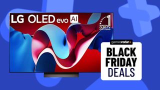 An LG OLED C4 TV on a Blue Black Friday background