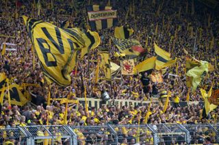 Fans in the the Yellow Wall at the Westfalenstadion, Dortmund