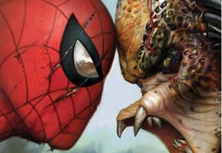 A comic book superhero with a spiderweb mask clashes with a reptilian alien