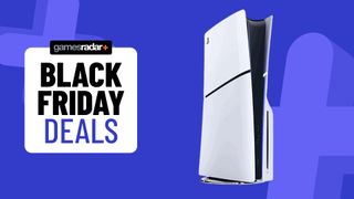 PS5 Slim console on a blue background with Black Friday deals badge