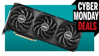 An image of an MSI RTX 4070 Ti Super graphics card against a teal background with a white border, and a Cyber Monday Deals logo