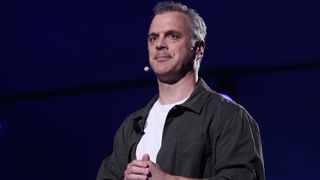  Pete Hines, Vice President of Bethesda Softworks, speaks during the Bethesda E3 conference at the Event Deck at LA Live on June 10, 2018 in Los Angeles, California. The E3 Game Conference begins on Tuesday June 12. (Photo by Christian Petersen/Getty Images)