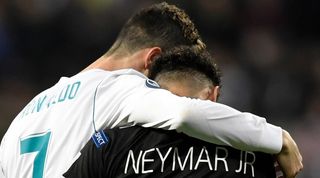 Cristiano Ronaldo and Neymar embrace after a Champions League game between Real Madrid and Paris Saint-Germain in February 2018.