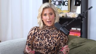 Savannah Chrisley in a leopard print top speaking about Todd and Julie on Unlocked.