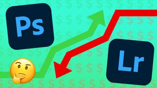 Red and green arrows showing rise in Adobe revenue and drop in Adobe stocks, on a green background with dollar signs and a thinking emoji 