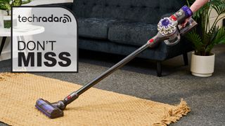 Dyson V8 Cordless vacuum with TechRadar Don&#039;t Miss graphic