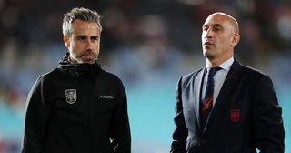  Jorge Vilda, Head Coach of Spain, talks with Luis Rubiales, President of the Royal Spanish Football Federation prior to the FIFA Women&#039;s World Cup Australia &amp; New Zealand 2023 Final match between Spain and England at Stadium Australia on August 20, 2023 in Sydney / Gadigal, Australia.