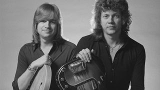 Singer-songwriter and guitarist Justin Hayward (left) and bassist John Lodge, of English rock group The Moody Blues, January 1975. 