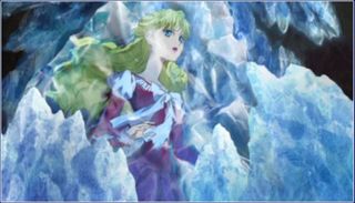 Anime cutscene in Tales of Rebirth showing a woman trapped in crystal or ice