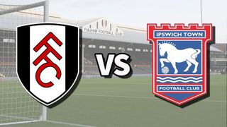 The Fulham and Ipswich Town club badges on top of a photo of Craven Cottage in London, England