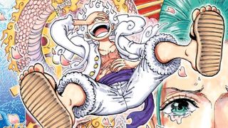 A white-haired Gear 5 Luffy laughs on the cover of One Piece, Vol. 104 .