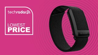 Whoop 4.0 fitness tracker on a pink background with the text lowest price